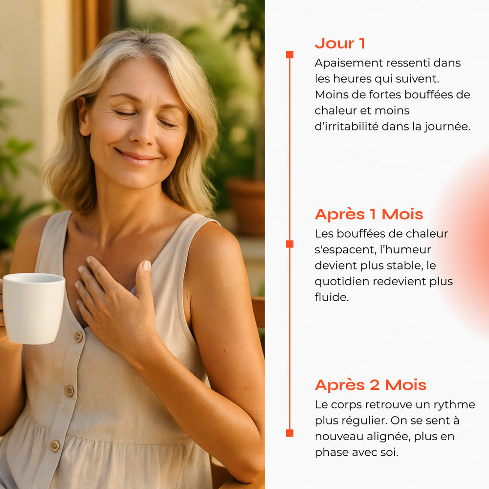 Packaging du patch Ménopause. "Retrouvez votre équilibre hormonal" est écrit en gros avec quelques ingrédients en dessous 