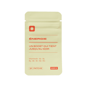 Packaging du patch Énergie. "Un boost qui tient jusqu'au soir" est écrit en gros avec quelques ingrédients en dessous 