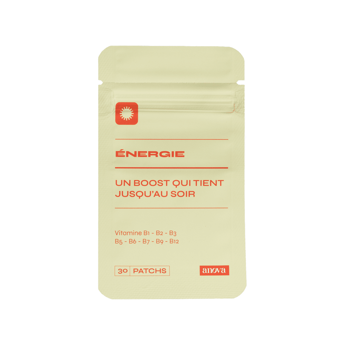 Packaging du patch Énergie. "Un boost qui tient jusqu'au soir" est écrit en gros avec quelques ingrédients en dessous 