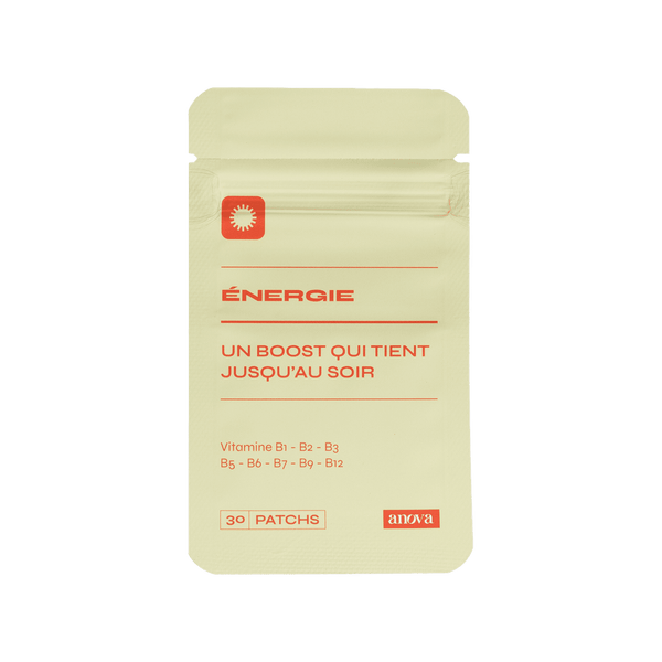 Packaging du patch Énergie. "Un boost qui tient jusqu'au soir" est écrit en gros avec quelques ingrédients en dessous 