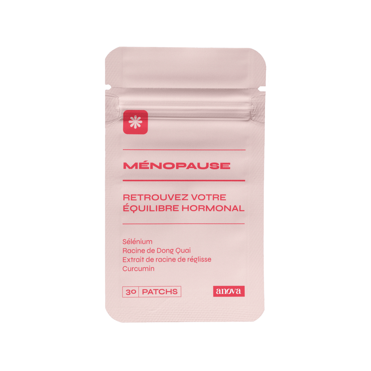 Packaging du patch Ménopause. "Retrouvez votre équilibre hormonal" est écrit en gros avec quelques ingrédients en dessous 