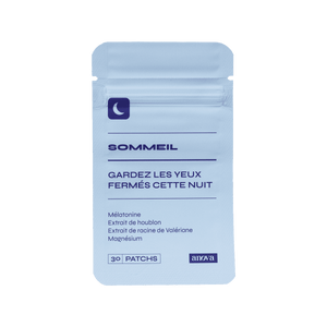 Packaging du patch Sommeil. "Gardez les yeux fermés cette nuit" est écrit en gros avec quelques ingrédients en dessous