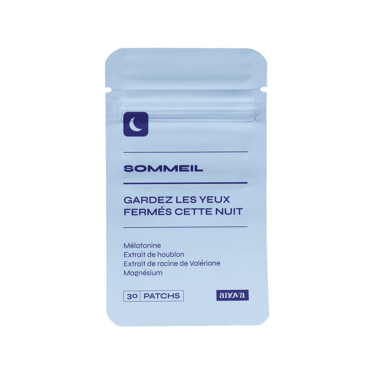 Packaging du patch Sommeil. "Gardez les yeux fermés cette nuit" est écrit en gros avec quelques ingrédients en dessous