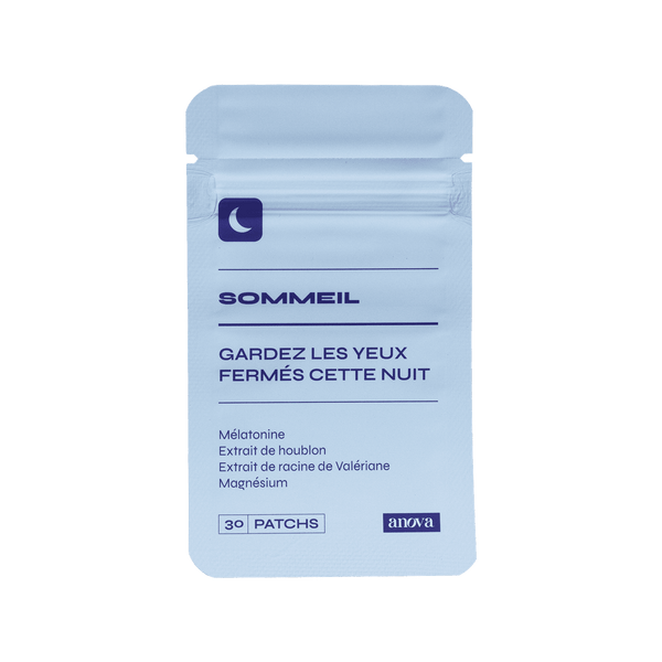 Packaging du patch Sommeil. "Gardez les yeux fermés cette nuit" est écrit en gros avec quelques ingrédients en dessous