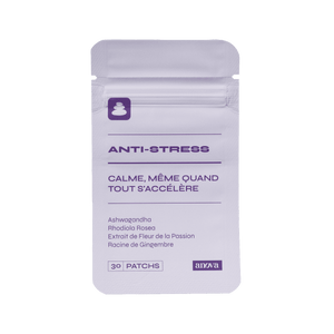 Packaging du patch Stress. "Calme même quand tout s'accélère" est écrit en gros avec quelques ingrédients en dessous 