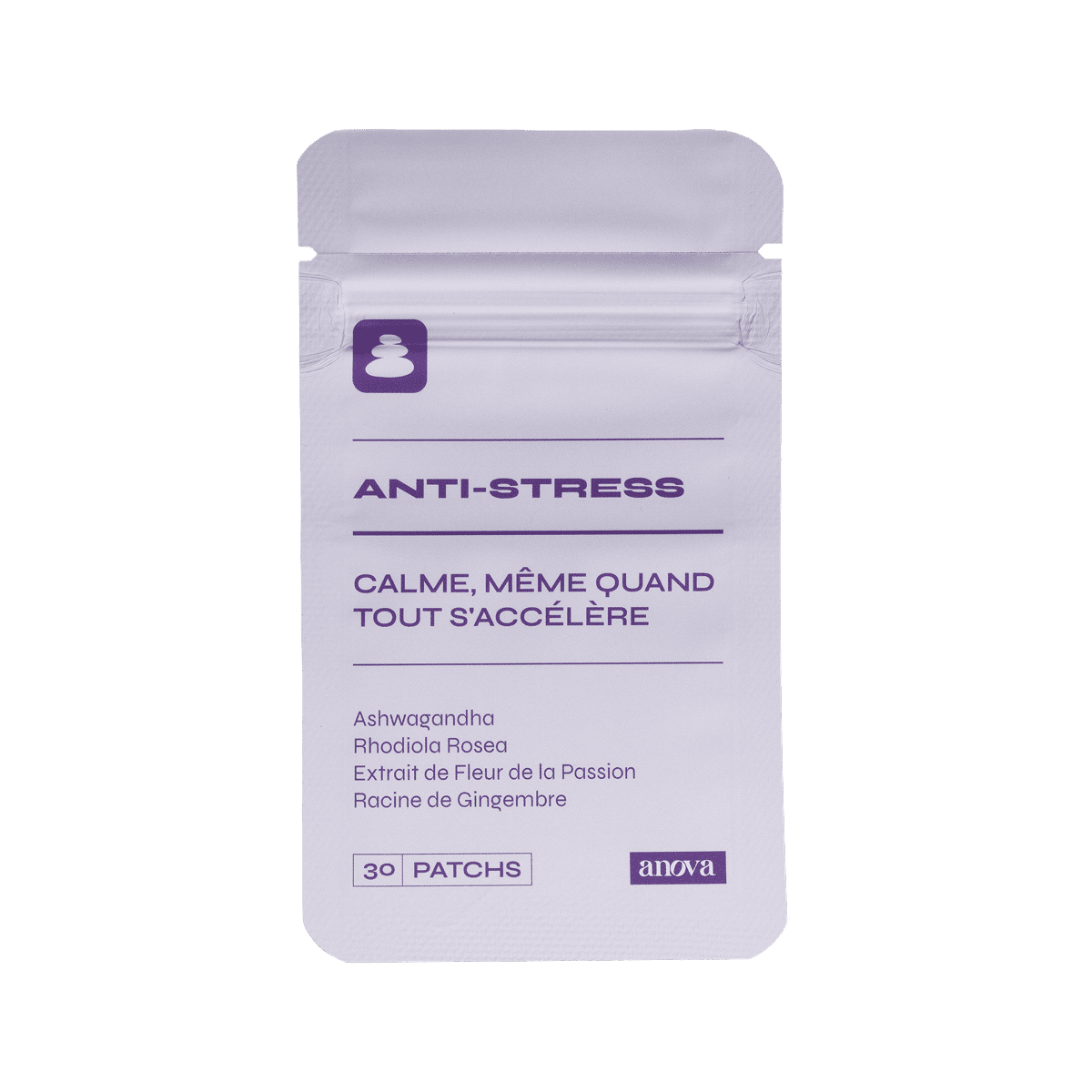 Packaging du patch Stress. "Calme même quand tout s'accélère" est écrit en gros avec quelques ingrédients en dessous 