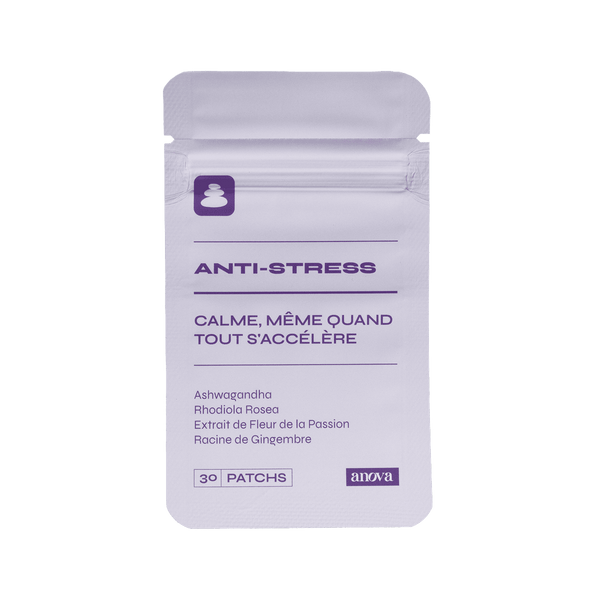 Packaging du patch Stress. "Calme même quand tout s'accélère" est écrit en gros avec quelques ingrédients en dessous 